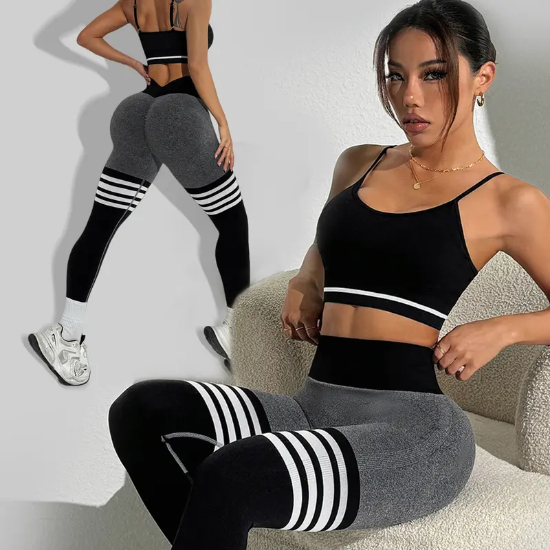 WAKYME Women's 2-Piece Striped V-Back Fitted Yoga Set - Activewear Clothes, Athleisure Set, Fitness Suit, High Stretch Activewear with Adjustable Straps, Removable Padding for Comfort & Support (Yoga, Gym)