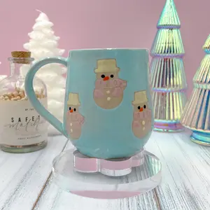 Light Blue and Pink Snowman Ceramic Coffee Mug
