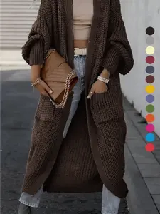 Women's Solid Drop Shoulder Long Cardigan, Casual Long Sleeve Cardigan with Pockets, Ladies Knitwear for Spring & Fall Daily Wear, Sweaters for Women