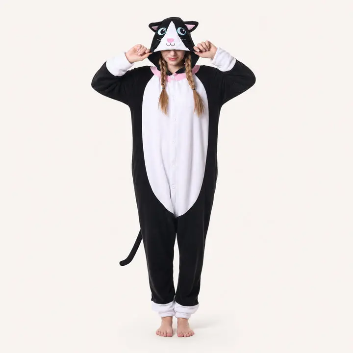 Women's Polyester Long-Sleeve Hoodie Black & White Cat Kigurumi Onesie - Casual Costume, Cozy Sleepwear Loungewear