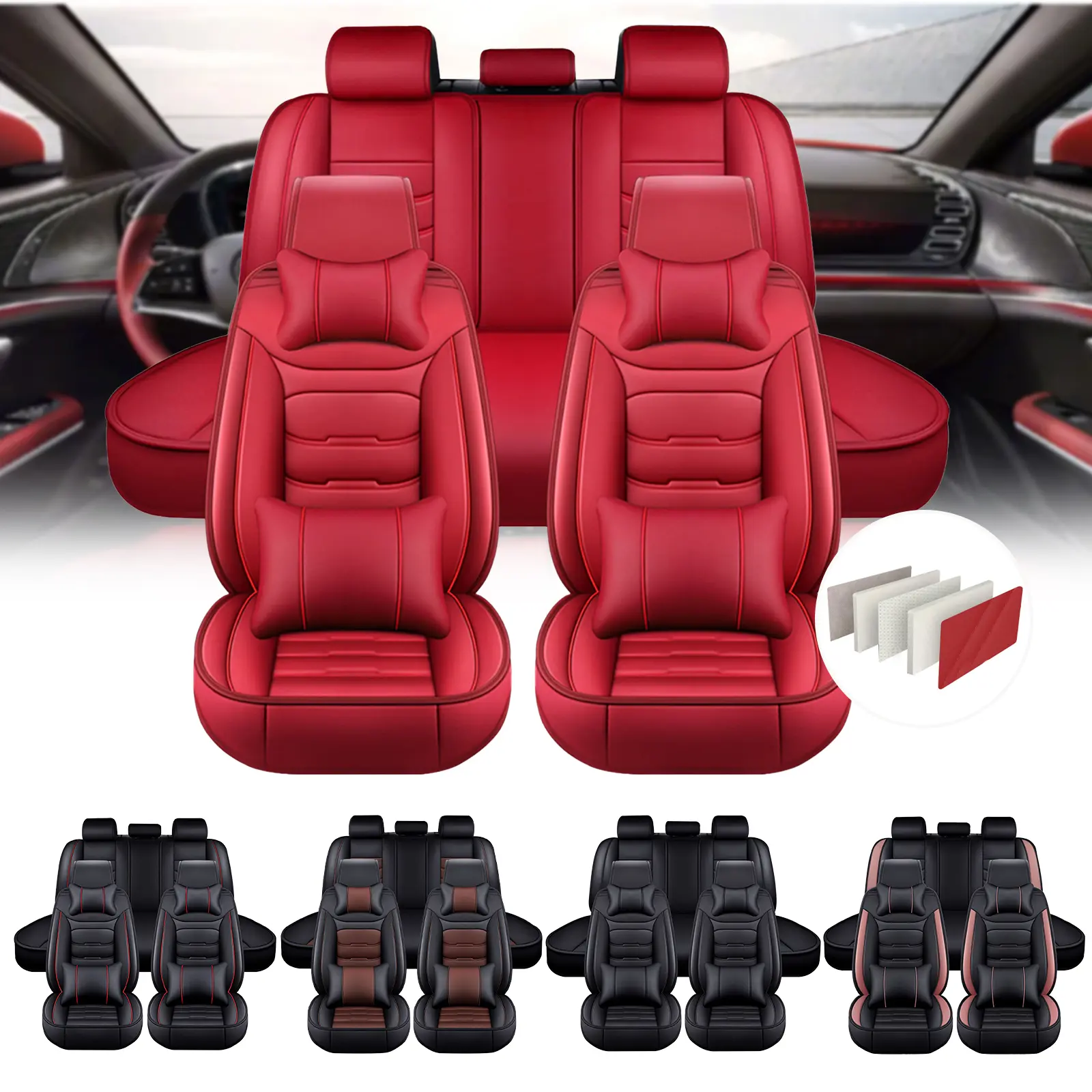 OTOEZ 5-Seat Waterproof PU Leather Car Seat Covers - Airbag Compatible, Full Protection Cushion, Car Accessories for Sedan, SUVs, Trucks, Car Seat Cushion