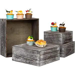 Brown Square Wooden Cake Stands For Display,Set Of 4  Cupcake Stands Risers, 12 Inches Rustic  Crates For Wedding Cake Display,Square Wooden Display Risers For  Decor . ( Black)