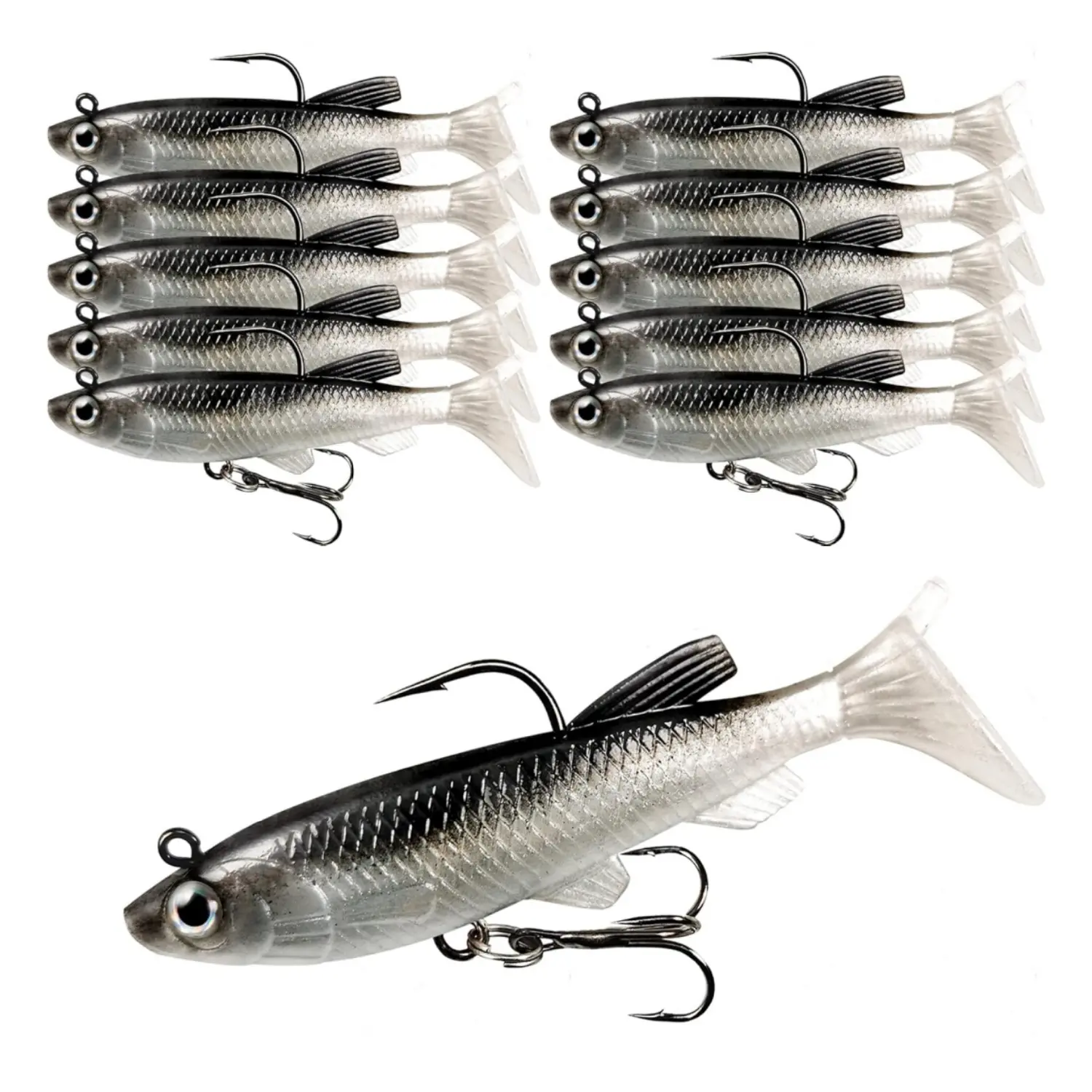 10Pcs Soft Bass Fishing Lures Shad Minnow Swimbaits, Pre-Rigged Anti-Rust High Carbon Steel Jig Heads, 3.15in 0.45oz 3D T-Tail Deep Sinker Treble Hook Bait for Bass, Trout - Fisherman Gifts, Home Improvement Building Supplies, Set