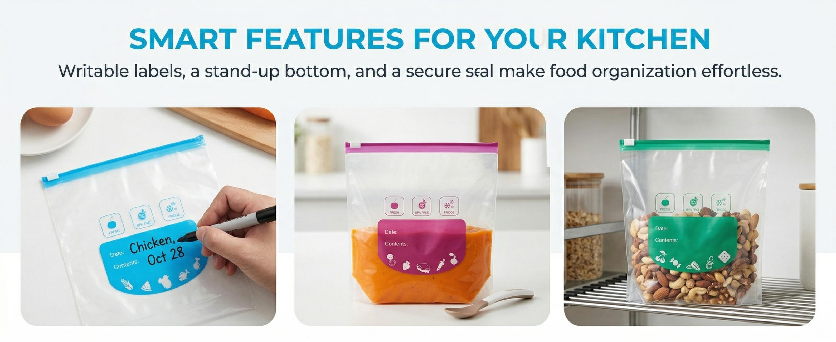 WRAPOK Slider Freezer Bags 25 Pack, S/M/L Variety Pack (10 Small + 10 Medium + 5 Large), Easy Open Slider, Reusable, Write-On Labels, Expandable Bottom for Meal Prep & Food Storage