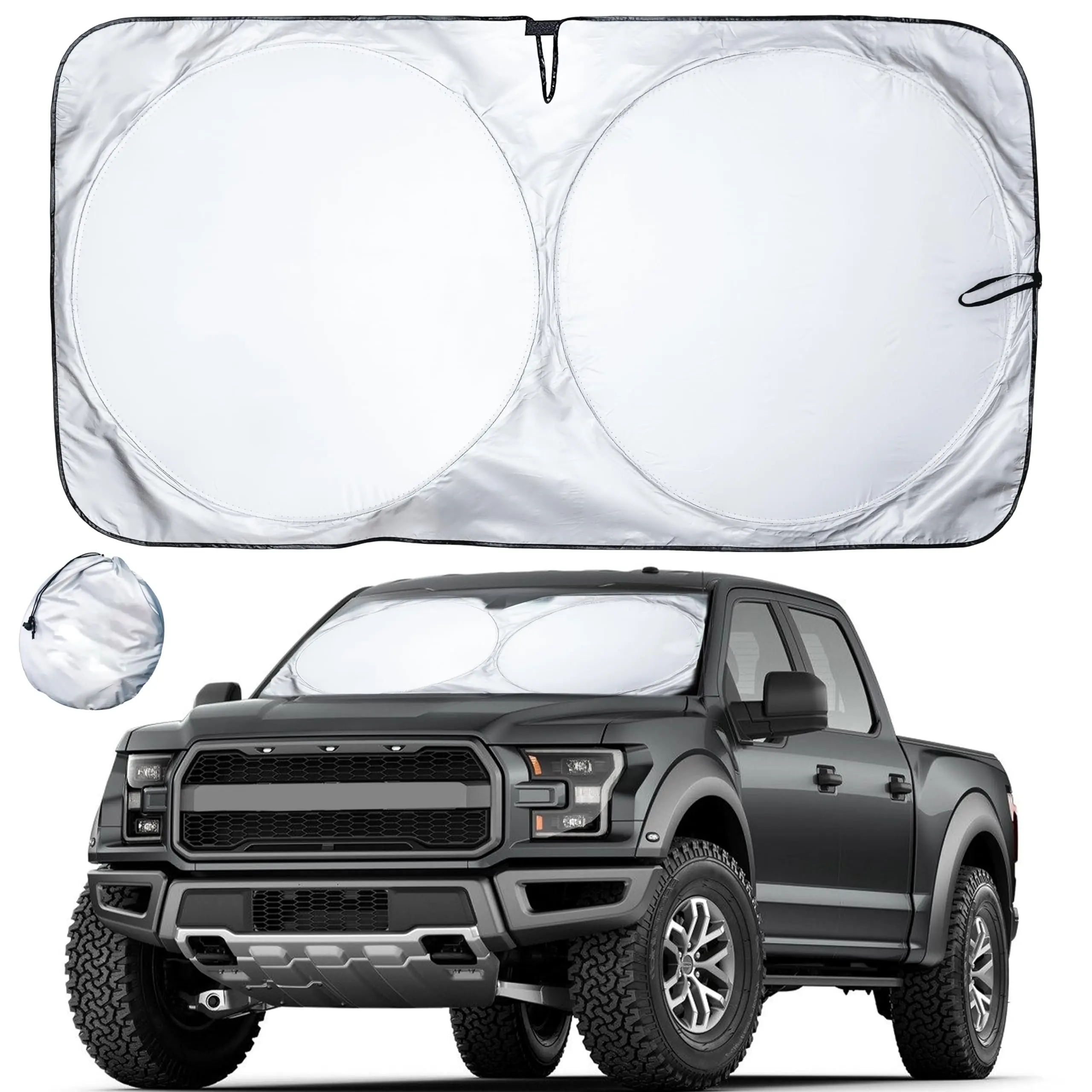 EcoNour Car Windshield Sunshade Cover - 69"x35" Reflective Synthetic Polyester Heat Shield, UV Blocking Exterior Accessory with Hook, Sun Shades for Car Windows (Polyester Fits Semi Trucks)