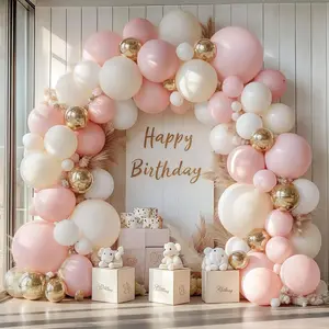 144Pcs Pink Beige White Balloon Garland Arch Kit | Pastel Chrome Gold Wedding Engagement Birthday Party Decorations