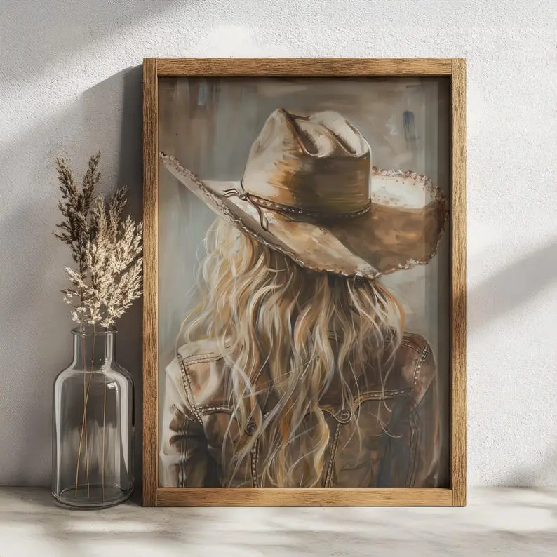 Western Cowgirl Artistic Print Posters - Unframed, Waterproof, Neutral Rustic Plaid-Houndstooth-Herringbone Polka Dot Marble Colorful Style Farmhouse Wall Art, Ready-to-Hang Decor for Kitchen, Kid Room, Vehicles Home Supplies