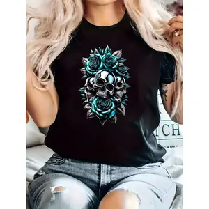 Plus Size, Print Plus Size Women's Casual T-Shirt, Round Neck, Short Sleeved, Slightly Elastic Fabric, Regular Style, Comfortable Top for All Seasons Women Clothes