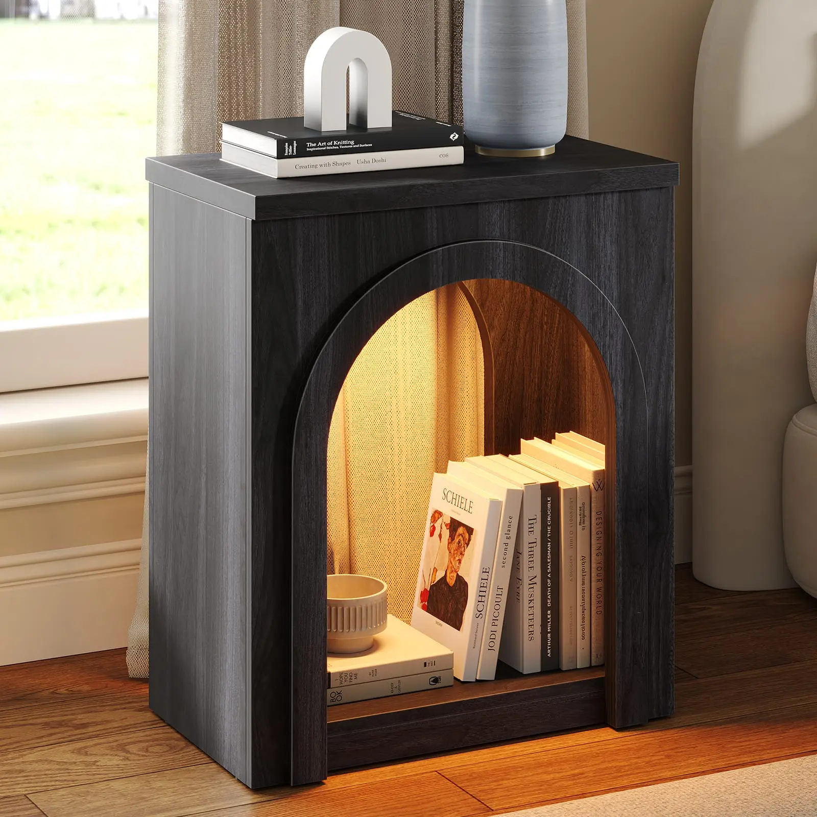 SIKAIC Matte Black Arched End Table with LED Lighting - Dark, Durable Indoor Furniture Piece for Living Spaces, Dark End Tables, Durable End Tables