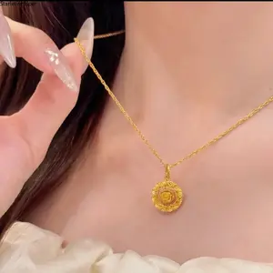 Dreamcatcher Gold Tone Necklace for Women, Moving Circle Rose Pendant, Elegant Clavicle Chain, Luxury Delicate Fashion Jewelry, Lightweight High End Charm for Daily Wear, Party & Dating