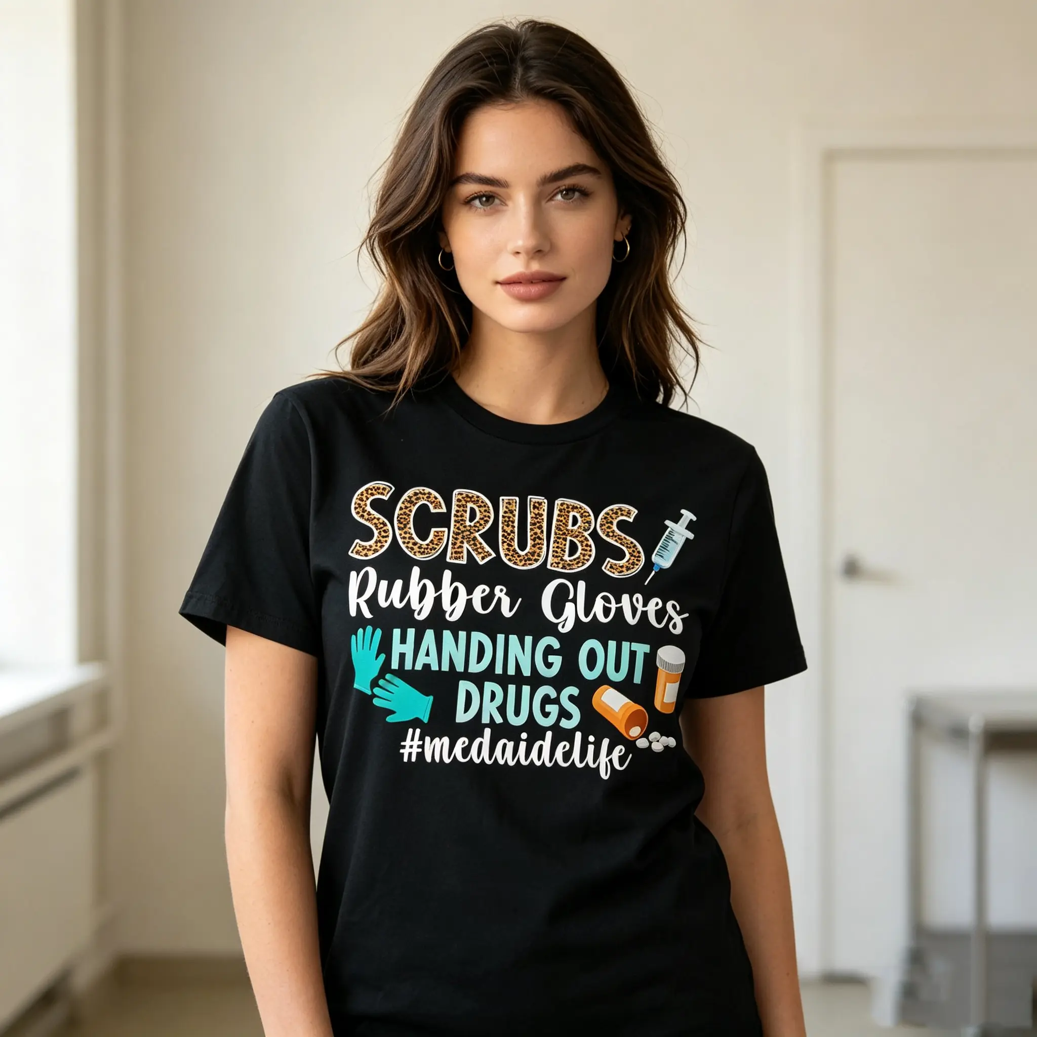 Women's Short Sleeve Medical Sports Top - Leopard Print, Scrubs Rubber Gloves Drug-Handing Graphic, Funny Pharmacy Worker Slogan, Casual Healthcare Outfit