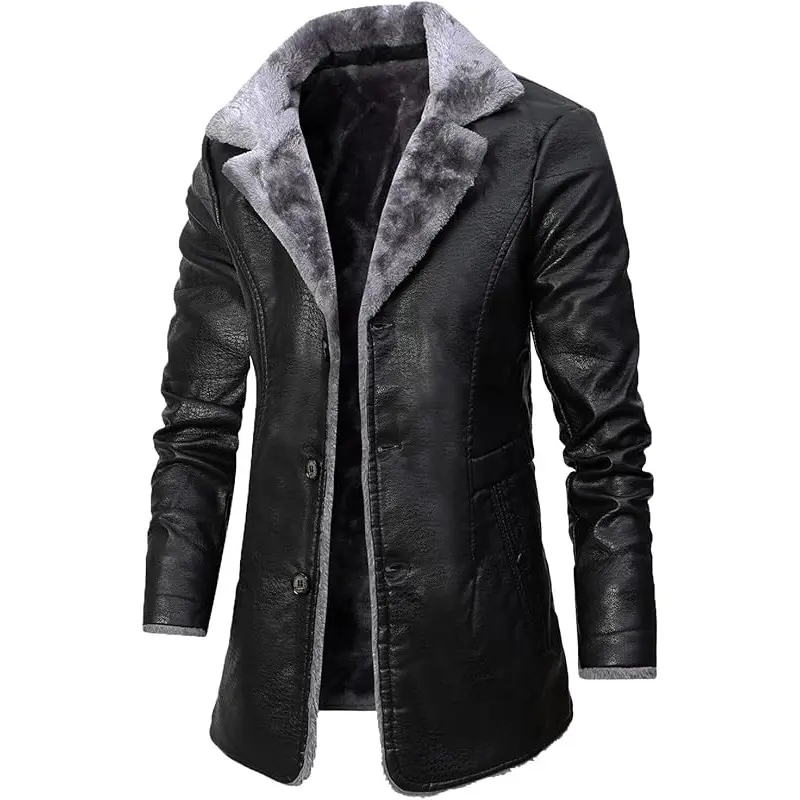 Men's mid-length faux fur fleece jacket, warm winter coat, plus size, fleece-lined and thickened, with pockets