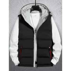 Men's Casual Warm Colorblock Hooded Vest with Drawstring Neckline, Zipper Pockets, Soft Fabric, Fashionable Spring & Fall Outerwear
