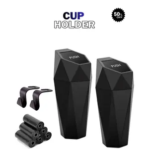 Car Trash Can Cup Holder, 2 Pack Mini Trash Can with Lid, Car Accessories for Interior, Leakproof Small Trash Cup for Home with Additional 2 ABS Hooks and 90pcs Trash Bags Black