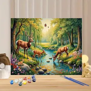 1PC Vertical Deer in Forest Canvas Wall Art -paint by numbers, Featuring Deer Family in Lush Forest, High-Resolution Print, Single Framed Poster, Perfect for Living Room, Bedroom, Office Decor - Brown/Black/Green/Gold Tones, Moving Day Gift