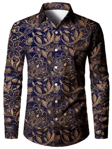 Men's Elegant Classic Formal Business Shirt, & Gold Floral Print, Long Sleeve Button-Down Collar, Office Wedding Wear