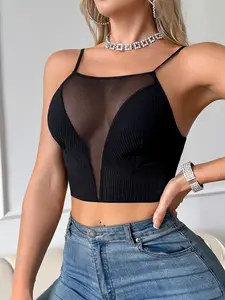 Sexy Sheer Mesh Patchwork Tank Top Bralette, Fine Strap Design, No Underwire, Wireless, Single Piece, Women's Lingerie Underwear, Casual Wear