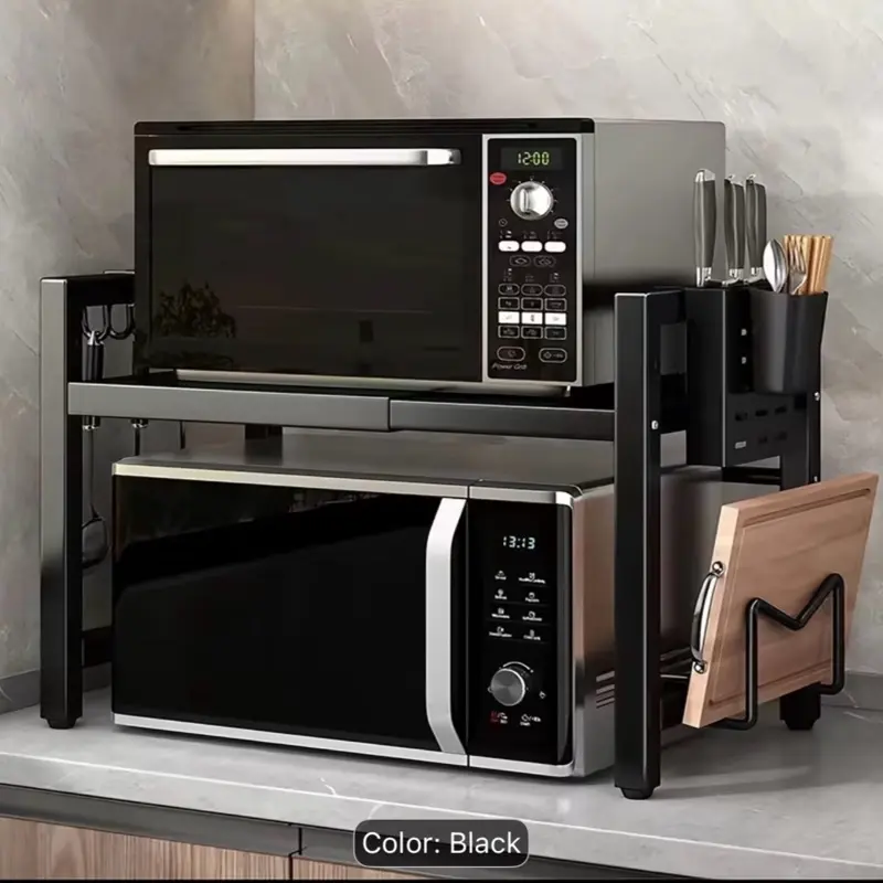 Retractable Microwave Rack Expandable Microwave Rack with Storage Rack Heavy Duty with 6 Hooks And Chopsticks Cutting Board Holder for Kitchen Worktops