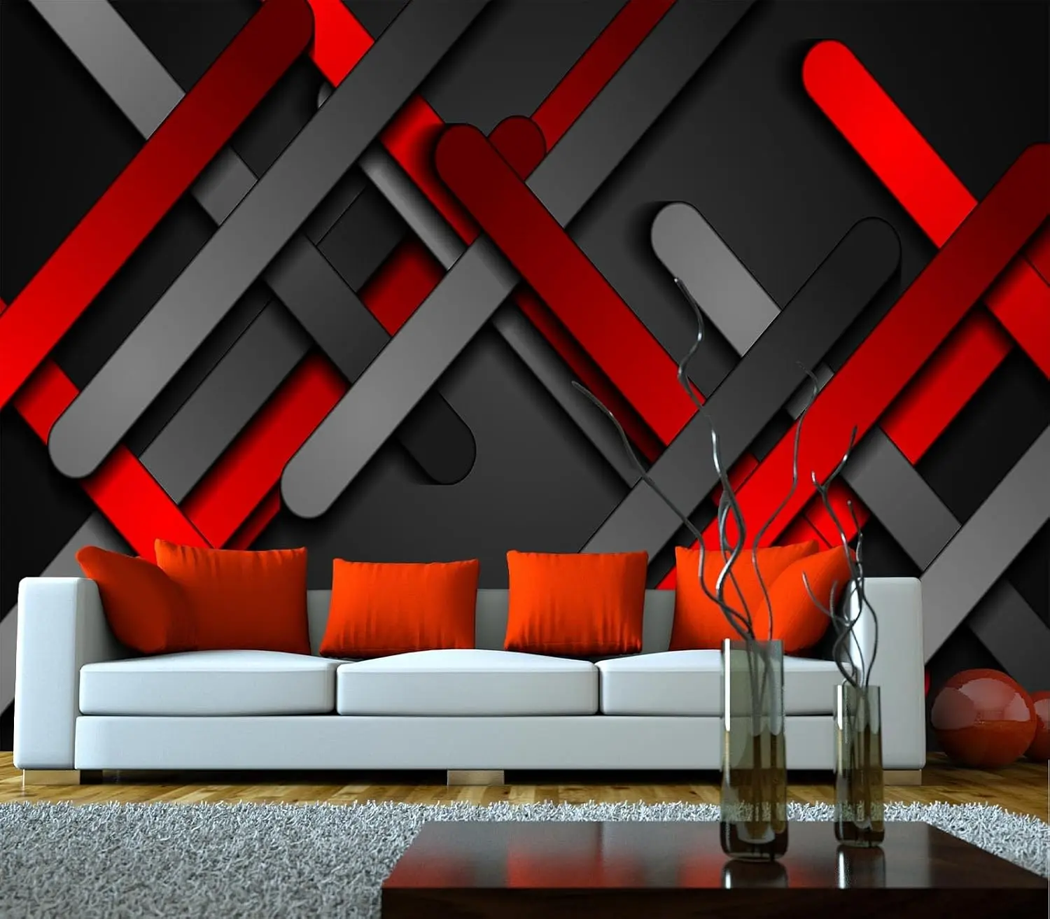 Red and Black Smooth Stripes Abstract tech Geometric Background Peel and Stick 160" x 114"
