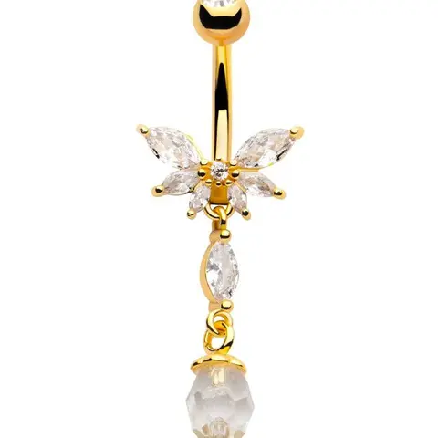 Gold Belly Rings - 14G Gold PVD Stainless Steel Navel Piercing Jewelry, Half-Flower CZ Dangled Faceted Charm, 30mm x 14mm Decorative Body Stones, Designed for Healed Piercings