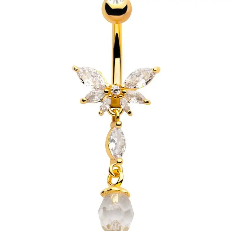 Gold Belly Rings - 14G Gold PVD Stainless Steel Navel Piercing Jewelry for Healed Piercings, Half-Flower CZ Dangling Charm, 30mm x 14mm Decorative Body Stones Piercing Jewelry