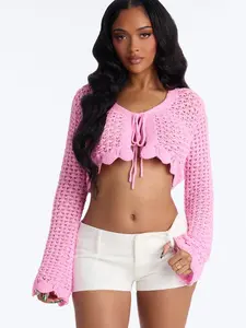 Women Sasha Crochet Cardigan - Pink Knitwear with Ruffle Hem and Tie Front Detail for Womenswear