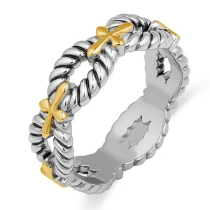 MYTYS Twist Rope Ring with Cross Accents Elegant Textured Band Jewelry for Women Anti-allergic Fade-resistant Trendy Two-tone Design