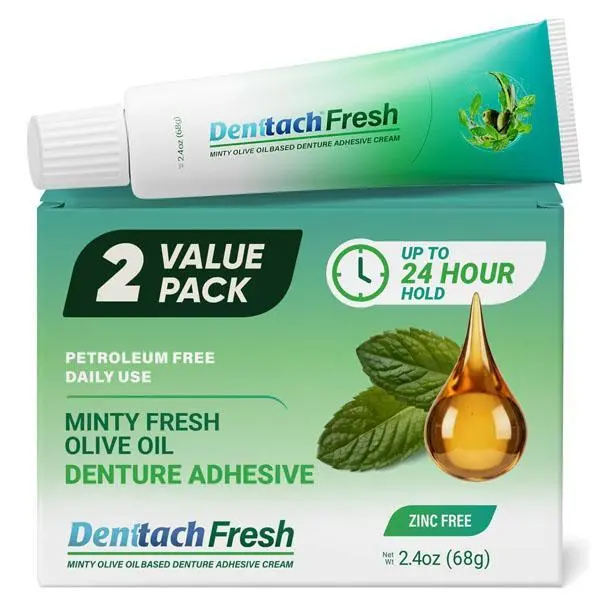 Denttach Fresh Denture Adhesive with Invigorating Mint Flavor, Petroleum Free Olive Oil Based Denture Cream for Full and Partial Dentures, All Day Hold Denture Glue, Zinc Free, 2.4 Ounce