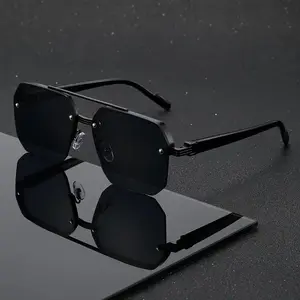 Rimless Polygon Aviator Sunglasses for Men & Women – Black Frame UV400 Protection Shades | Sleek Double Bridge Glasses for Business, Daily Wear & Street Style