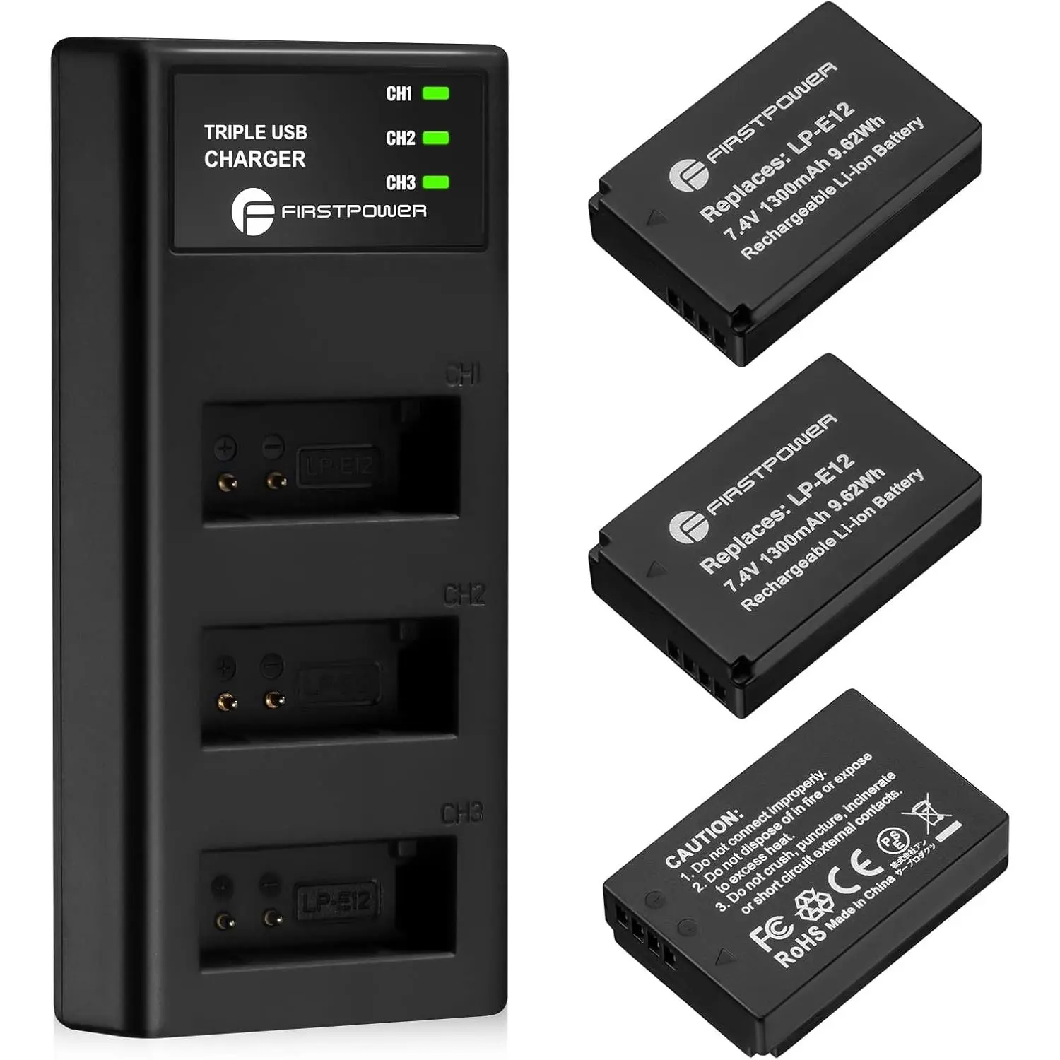 FirstPower LP-E12 Battery 3-Pack & Triple Slot Charger for Canon EOS M50, M50 Mark II, M, M2, M10, M100, M200, Rebel SL1, PowerS SX70 HS Cameras