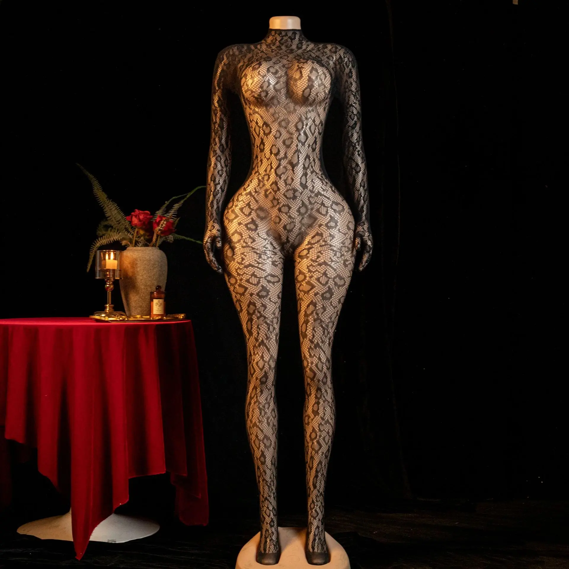 Women's Leopard Print Mesh Bodysuit - Sleeveless Round Neck Lady Fashion Lingerie, Slim-Fit Comfortable Style Statement Teddy with Sheer Floral Fishnet, Lace Garter for Christmas Private Party