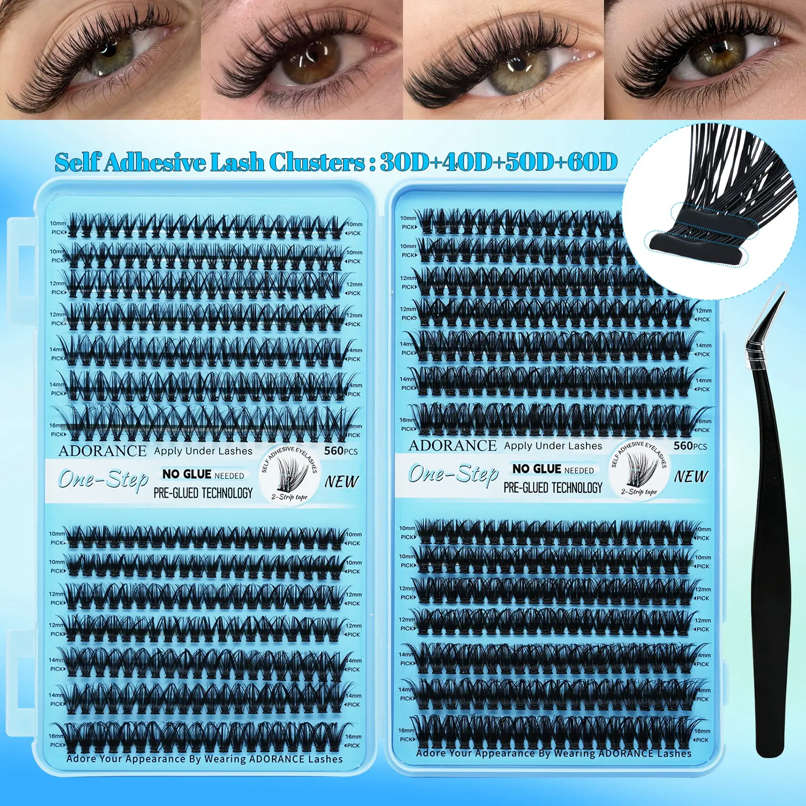 ADORANCE Pre-Glued Volume Lash Clusters Kit 560PCS with 2-Strip Adhesive Tape, Self Adhesive Press On Lashes No Glue Needed, Natural Wispy Cluster Lashes 10-16mm with Non-Stick Applicator