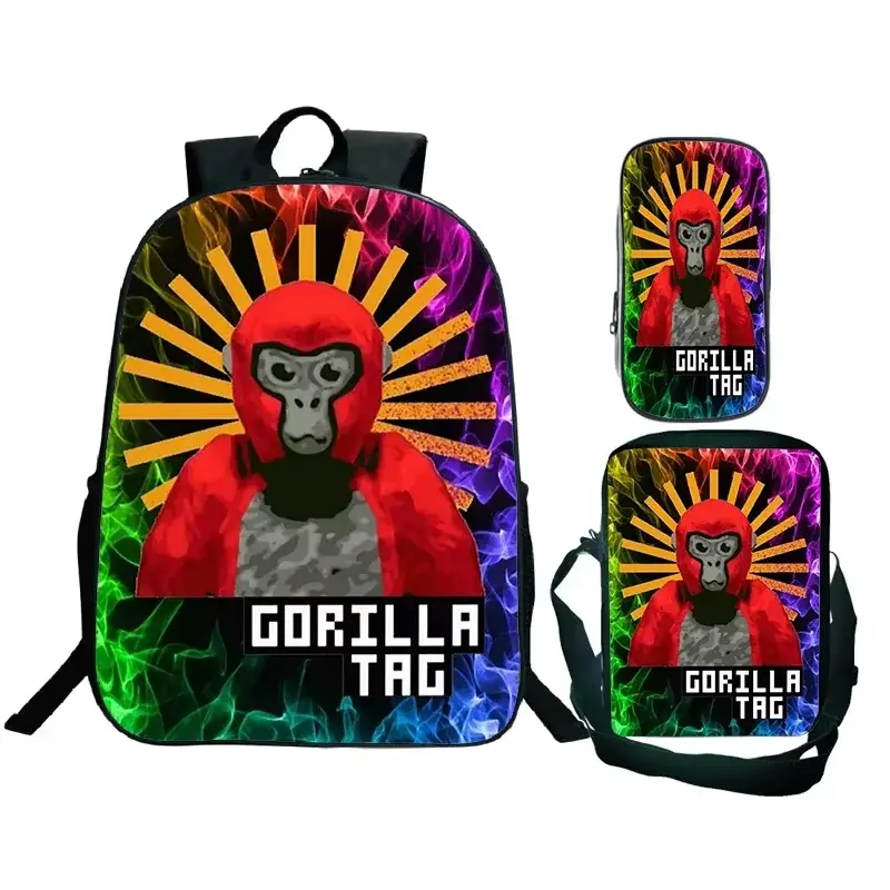 Gorilla Tag Cartoon Print Nylon School Bag Set, Unisex Boys Waterproof Backpack with Shoulder Bag & Pencil Case (3Pcs)