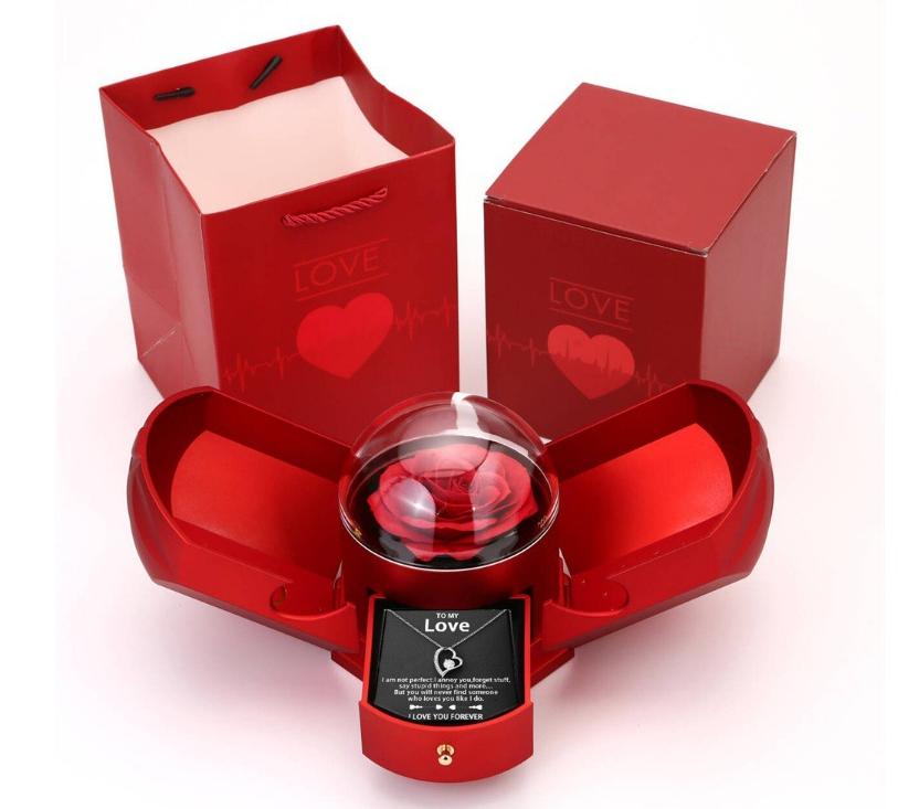 Double open rose gift box drawer style rose jewelry box angel wings Chinese Valentine's Day necklace gift box