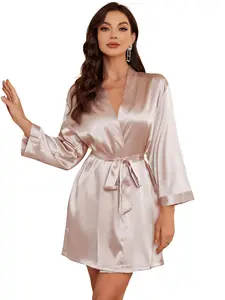 Women's Satin Plain Casual Sleepwear Loungewear Womenswear, Fitted Belted Design, Three Quarter Length Sleeves, All Seasons Comfortable Nightgown, Robe
