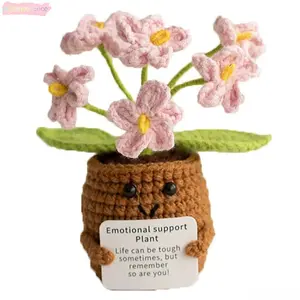 Crochet Emotional Support Violet Potted Doll, Handmade Knitted, with Inspirational Quote Card, Desk Decor Sentimental Gift for Home Use