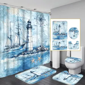 1pc/4pcs 2D Flat Lighthouse Ship Starfish Pattern Multi-color Background Shower Curtain, Modern and Personalized Home Bathroom Art Decoration, Shower Curtain Set with 12 Hooks, Bathroom Non-slip Mat, Toilet Seat Cover, Holiday Decoration