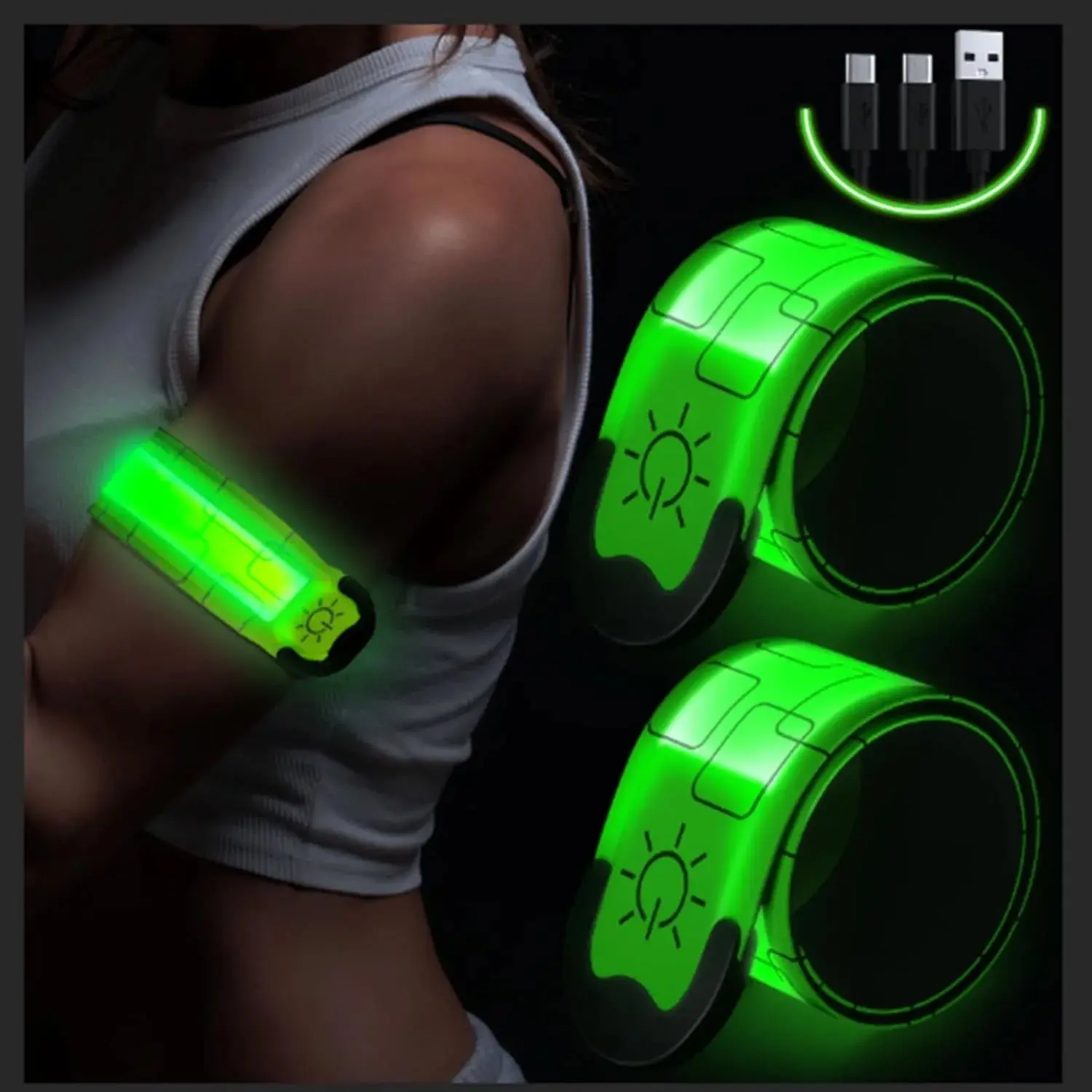 2-Pack Unisex Rechargeable LED Arm Bands, Elastic Fit Flexible Strap, 360-Degree Visibility Reflective Outdoor Sports Gear for Running, Walking, Adjustable Wrist/Ankle/Arm Wear, 6-8H Runtime