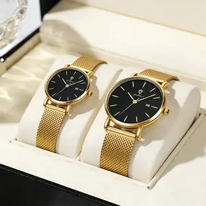 GOHUOS Fashion Quartz Couple Watches Gold Luxury Watch For Men Women Calendar Waterproof Stainless Steel Wristwatch Couple Gift