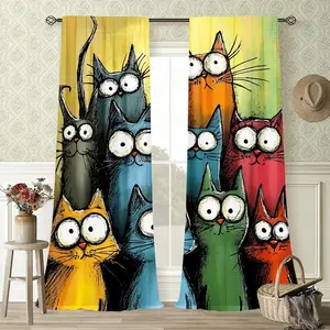 Cute Cat Print Curtains Set, Fashionable Rod Pocket Window Drapes for Bedroom Kids Room Living Room, Comfortable Atmosphere Easy Installation