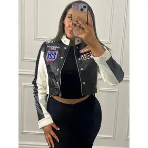 Letter Print Patchwork Jacket Women Y2K Uniform Street Single-Breasted Hipster Autumn Trend Zip Coats Chic Racing Tops