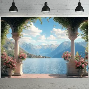 1pc Polyester Lake Background Decorative Banner - Scenic Mountain Lake Floral Arch Photo Backdrop, Vibrant Mixed Colors, Durable, Easy to Hang, Outdoor & Standing Banner for Birthday Parties, Home Wall Decor | Home & Festive Party Supplies