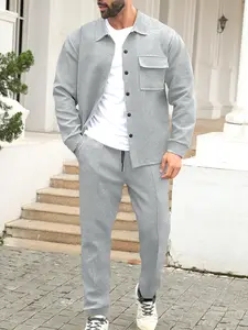 Two-piece men's casual textured suit with a stand-up collar, subtle texture, Knit Fabric, Fitted, long sleeves and trousers, single-button front pockets, string waist adjustment on the pants, suitable for casual commuting, light business casual
