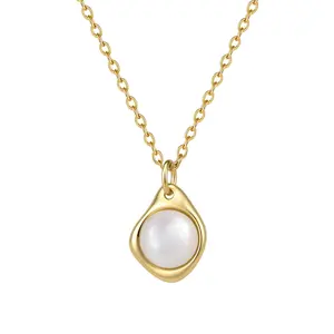 Aurem 14K Gold Plated  Pendant Necklace for Women, Round Cabochon Mother of Pearl Necklace, French Vintage Bezel Set Statement Jewelry