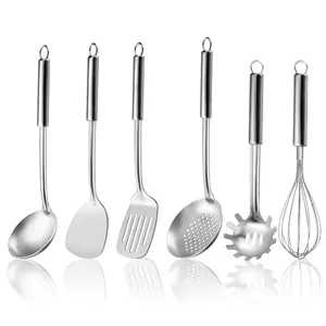 6-Piece Stainless Steel Kitchen Cooking Utensils Set - Heavy Duty Metal Spatula & Soup Ladle Kit - Heat-Resistant Slotted Turner & Pasta Server - Dishwasher Safe