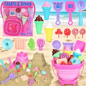 Collapsible Kids' Beach Toys Set, Foldable Sand Bucket, Shovels, Mesh Bag & Ice Cream Sand Molds, Portable Travel Sandbox Toys for Ages 3-10, Summer Beach Essentials