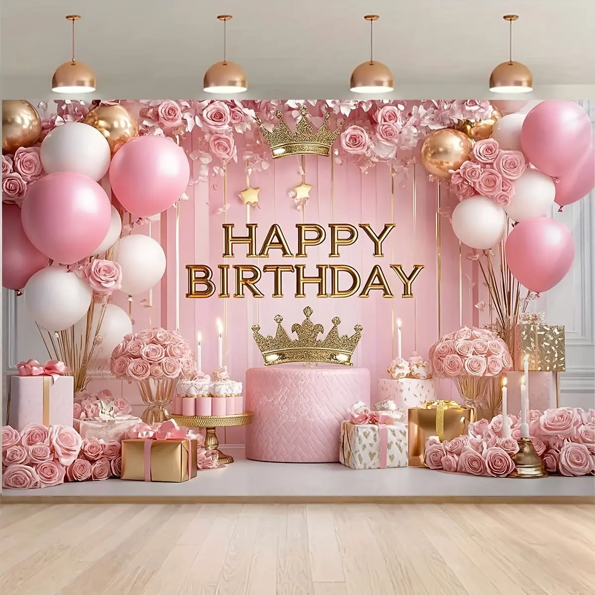 2D Flat, Elegant Pink & Golden Birthday Backdrop with Happy Birthday Sign, Balloons & Roses - Pastel Pink & Golden Balloon Arch Design with Confetti & Happy Birthday Letters -Girls' Party Decorations, Photo Background, No Electricity Needed