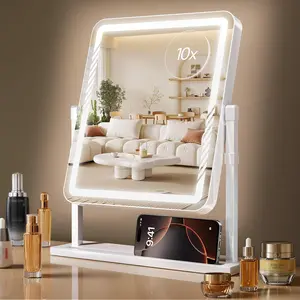 Vanity Mirror with Lights, Height-Adjustable & 360° Rotation, 1/10X Magnification, Three Color Lighting Modes, Makeup Mirror Smart Touch Control, Large Vanity Desk Mirror (17.5in,White)