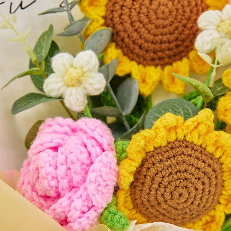 Crochet Flowers Bouquet with Sunflowers, Pink Rose & Tulip, Knitted Flower Gifts for Birthday, Home Decorations, Friend, Graduation