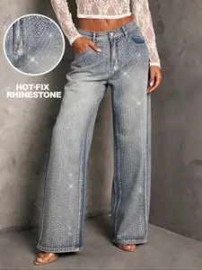 Women's Elegant Classy Bohemian Light Wash Denim Jean Wide Leg Pants, Casual, Street Style Streetwear Sparkle, Pocket Button Zipper, Formal Evening Wear, All Seasons, Womenswear